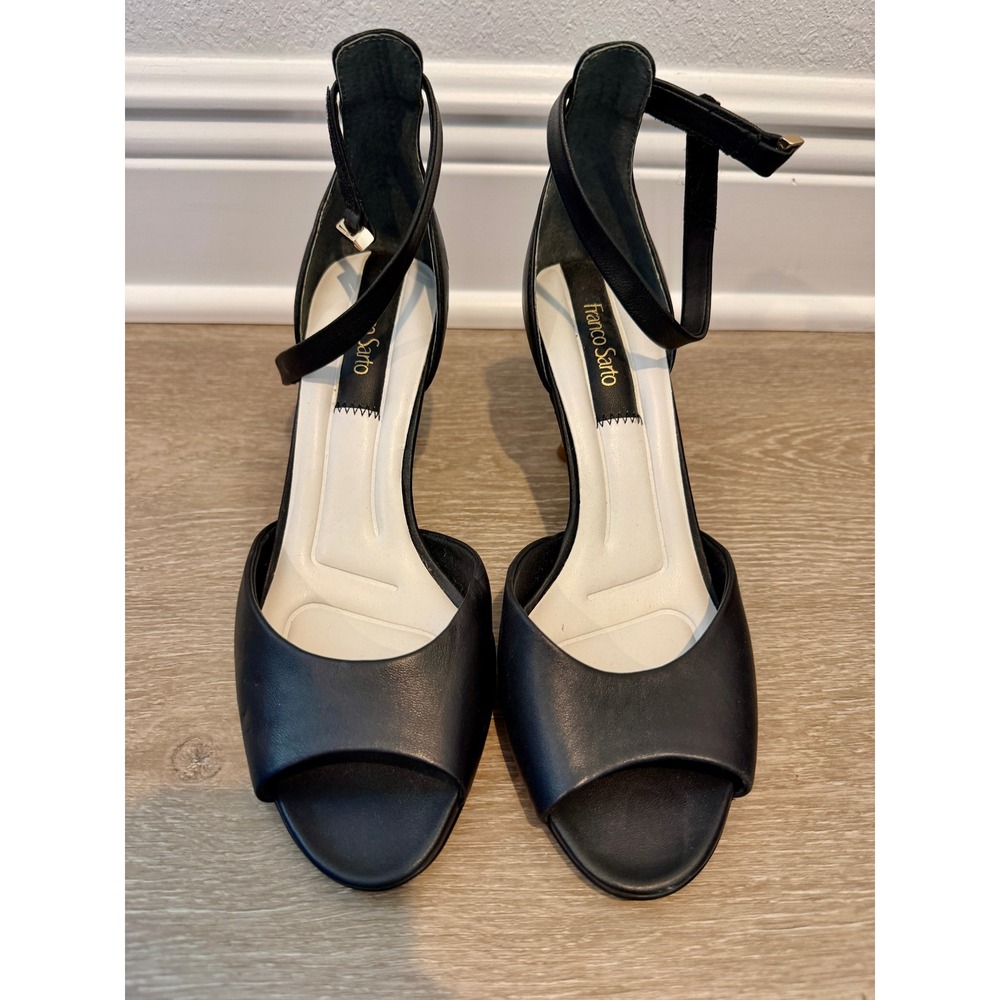 Franco Sarto Black Leather Ankle Strap Gold Kitten Heel Sandals Womens 8M
